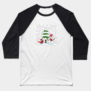 Snow Falling on Cardinal, Snowman and Pine Tree Baseball T-Shirt